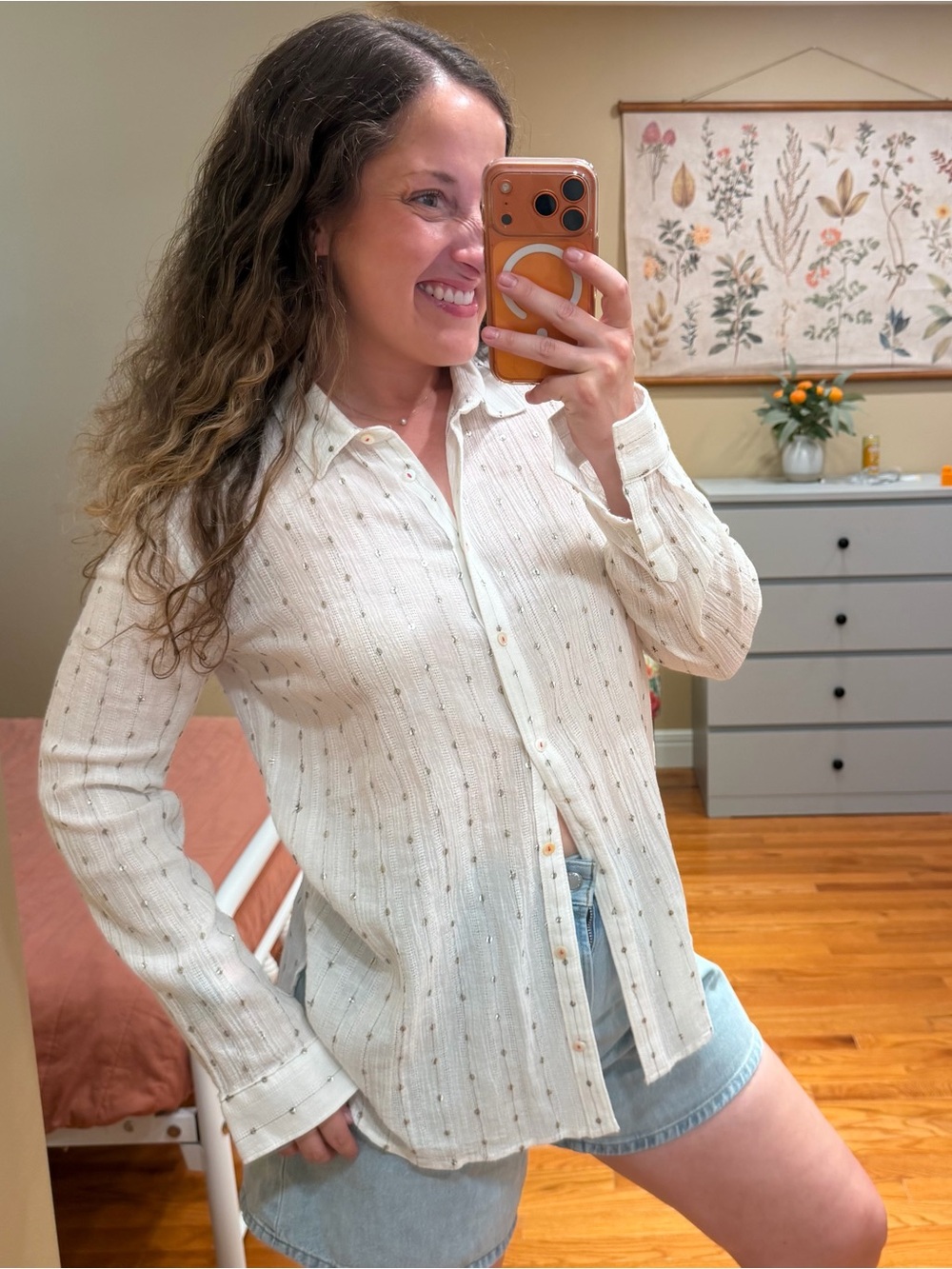 Anthropologie Sequin Cream Button-Up Shirt - Lightweight Long Sleeve Top Small